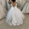 FATAPAESE 3-9 Years Flowers Appqulies Beads Bow Long Train Backless Buttons Wedddding Party Dresses for Even Guest Kid Girl Tutu
