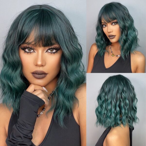 Short Wavy Wigs Women Dark Brown Bob Natural Synthetic Wig with Bangs for Girl Daily Cosplay Use Heat Resistant