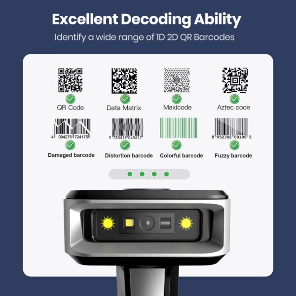 Eyoyo Barcode Scanner 2D Auto-sensing Screen Scanning 1D Bluetooth Bar Code Reader 2500mAh Power for Payment Warehouse Library