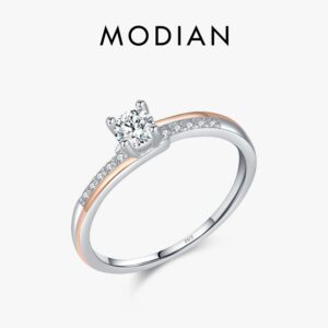 7172e37d98e34fc9 MODIAN 925 Sterling Silver Classic Wedding Elegant Ring Rose Gold Color Line Unique Metallic Contrast Design Jewelry For Women