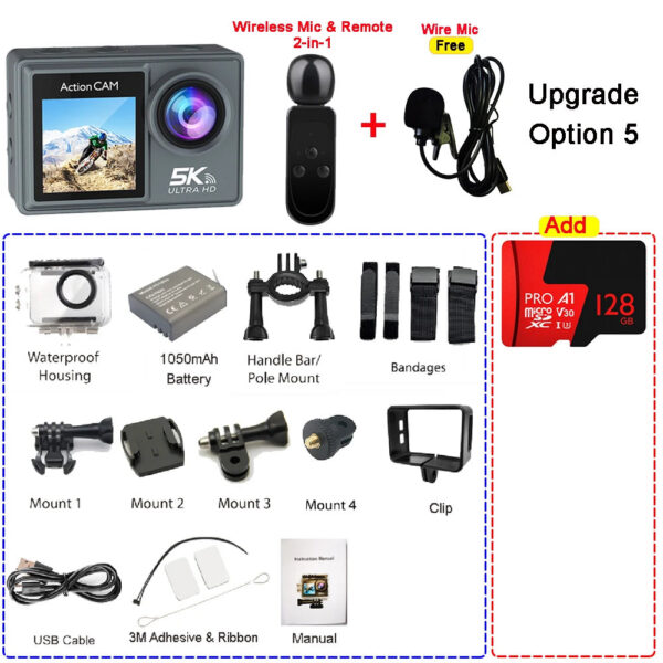 723dfe6fb69e4f10 5K 4K60FPS Action Camera Dual IPS Touch LCD EIS 170° DVR 30M Waterproof 5X Zoom Sport Camera With Wireless Mic & Pre Recording