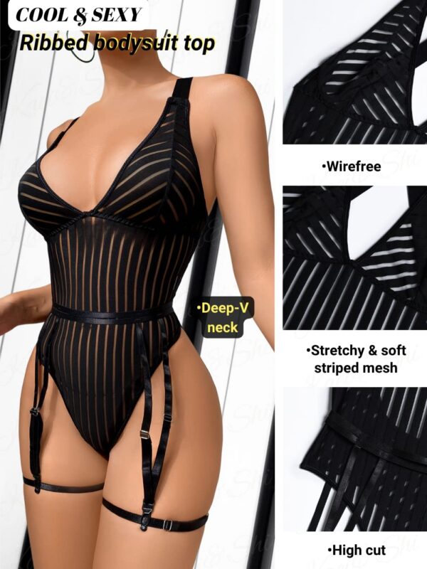 724e80646a3dbffa Kaei&Shi Sexy Ribbed Top,Plunge V, Snap Crotch, Leg Strap, Backless 3Pc Bodysuit