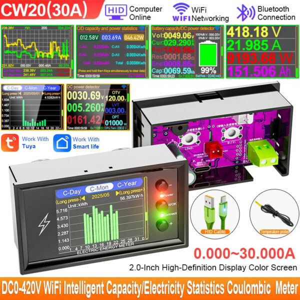 72afd5fd17229e35 CW20 DC0-420V WiFi Tuya Smart Digital Lithium Battery Capacity Detection Tester DC Display Voltage Current Power Coulomb Meter