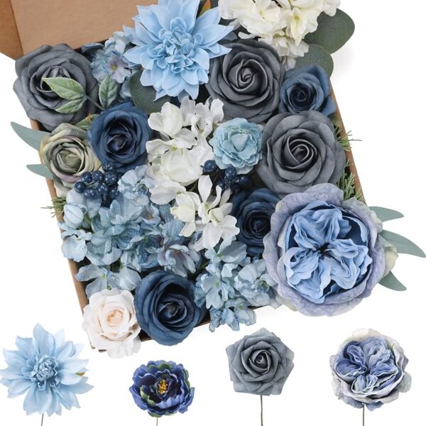 72d5d2b1e4bfcab4 Floweroyal Artificial Flowers Combo Dusty Blue Flowers Mix Silk Flowers Dahlia Roses with Stems for DIY Wedding Bridal Bouquets, Baby Shower, Floral Arrangement, Table Centerpieces, Home Decorations.