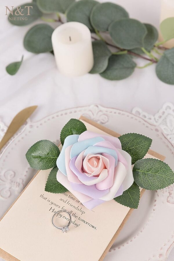 N&T NIETING Artificial Flowers, 25Pcs Fake Flowers Roses Perfect for DIY Wedding Bouquets Centerpieces Bridal Shower Party Home Flower Arrangement Decorations, Rainbow Color