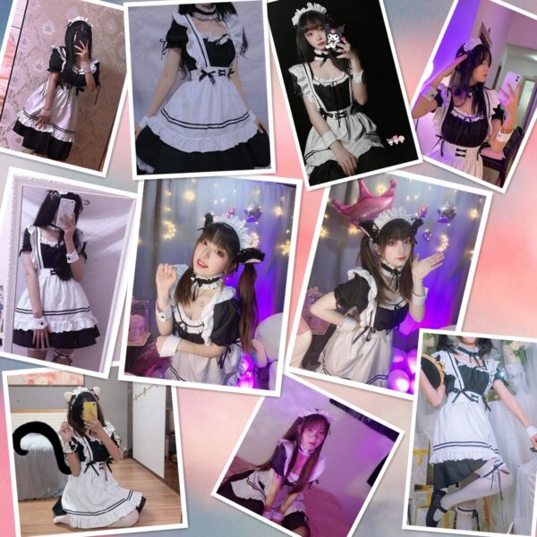 Anime French Maid Apron Lolita Fancy Dress Cosplay Costume Furry Cat Ear Gloves Socks Set(2XL)