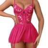 WDIRARA Women's Floral Embroidery Mesh Split Cut Out Babydoll Lingerie Slip Dress