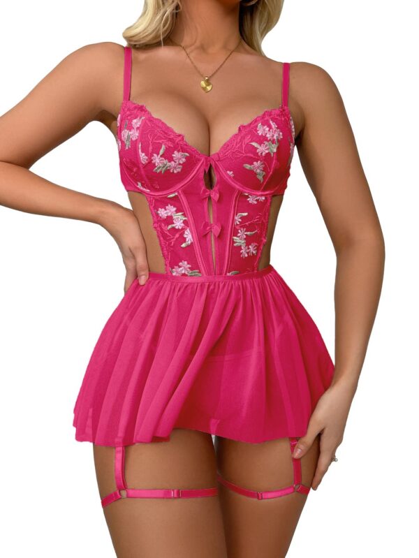 WDIRARA Women's Floral Embroidery Mesh Split Cut Out Babydoll Lingerie Slip Dress