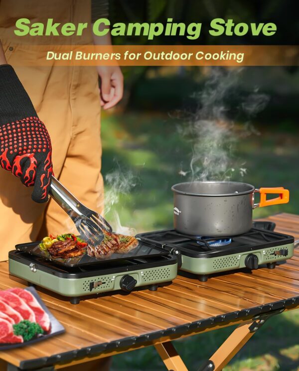 Saker 2 Burner Propane Camping Stove with Grill: Foldable Portable Camp Stove with Carry Bag - Adjustable Burners Camping Grill for BBQ Tailgating Gear - Backpacking Outdoor Cooking