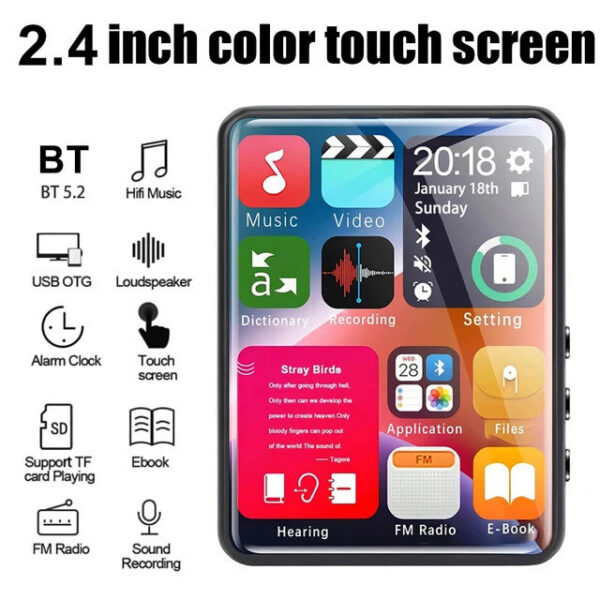 2.4-inch full-screen toucreen MP3 player, mini Mp4 player with Bluetooth, 4-128GB, hi-fi, HD, lossless recording, FM radio, v