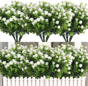 7402c6d4fb2cd612 RECUTMS 12 Bundles Artificial Outdoor Plants, Artificial Greenery for Flower Arrangements Shrubs UV Resistant Faux Plastic Plants Spring Decorations for Home Front Porch Decor(White)