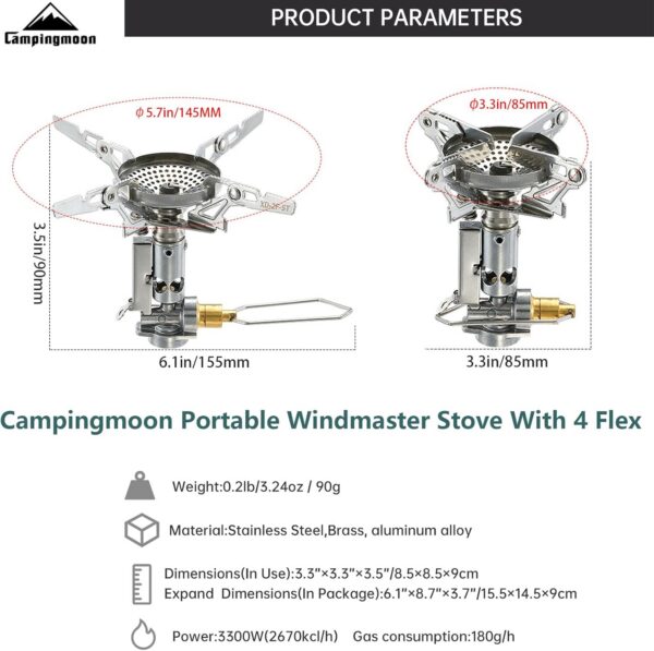 Campingmoon Portable Campingkocher with 4-Flex klein GasKocher Outdoor Camping Kocher Backpacking Gas Stove mit Zündgerät