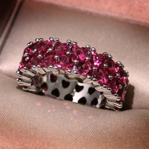 Fashion Lady Sier Pink Heart-shaped Full Diamond Zircon Engagement Bridal Jewelry Christmas Gift Cute Ring