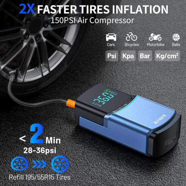BUVAYE 4 in 1 Car Jump Air 150PSI Tyre Compressor Starter Device 10000mAh Power bank Digital Iatable Pump