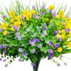 74977826c4debb9b CEWOR 9pcs Artificial Flowers, UV Resistant Faux Outdoor Flowers, Fake Plastic Flowers for Cemetery Decoration Home Kitchen Bedroom Wedding Party Decor (Yellow, Purple, Green)