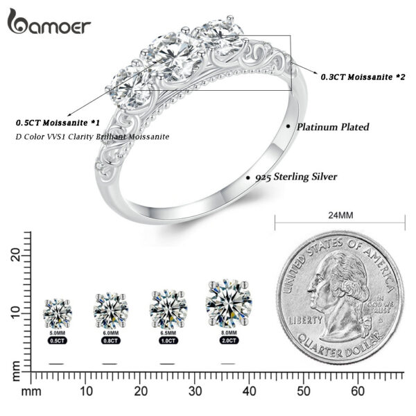 BAMOER 1.1CTTW Round Moissanite Platinum Plated for Women D Color VVS1 EX Lab Diamond Engagement Sterling Sier Ring