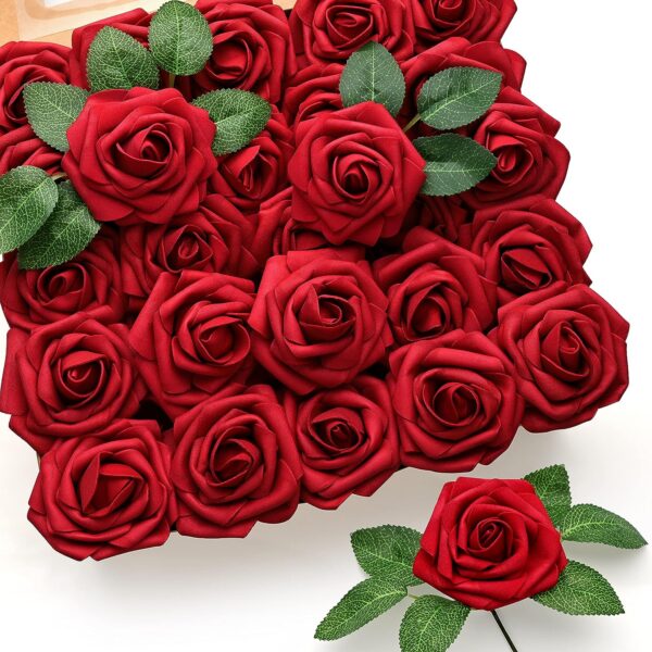 Mocoosy 50Pcs Artificial Rose Flowers, Burgundy Fake Roses for Decorations, Real Touch Foam Rose Bulk with Stems for DIY Wedding Bouquets Bridal Shower Centerpieces Valentine's Party Home Table Decor