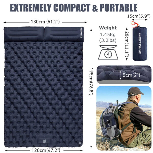 7555c51e093c5440 WESTTUNE Double Inflatable Mattress with Built-in Pillow Pump Outdoor Sleeping Pad Camping Air Mat for Travel Backpacking Hiking