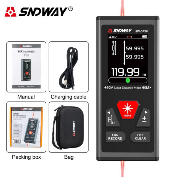 SNDWAY Dual Distance Meter Rechargeable Bilateral Laser Rangefinder 200m 120m Digital Tape Measure Angle Measurment Tool