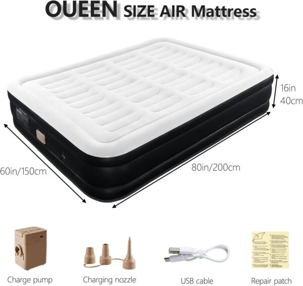 BEBAS Queen Size Air Mattress with Built in Pump Fast Electric Inflation/Deflation Mattress Blow up Bed Inflatable for Home,Guests,Office,Camping Airbed 16 Inch Tall,600lbs Max,Black