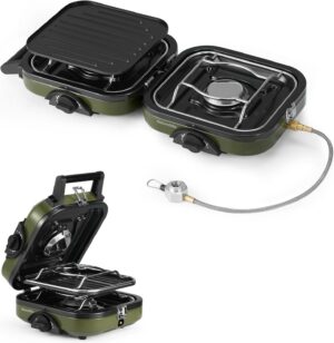 Naturehike Outdoor Camping Gas Stove Foldable 2 in 1 Burner with Grill Plate Portable Camping Gas Stove 2 Adjustable Burners Piezo Ignition Compatible with Isobutane Fuel Mix