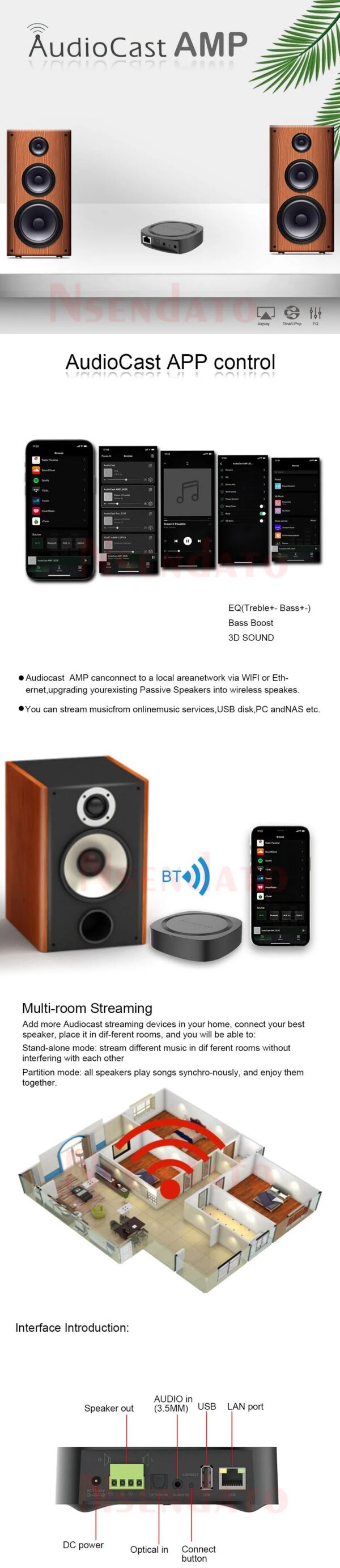 IEAST Audiocast AMP50 Wireless WiFi & BT V5.0 Amplifier Multi room Audio Music Receiver Adapter For Airplay DLNA Speakers Mic TV