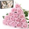 15Pcs Artificial Roses Velet Real Touch Single Stem Fake Roses Silk Realistic Bouquet Flowers Arrangements Home Office Garden Grave Party Wedding Decoration(Light Pink-15p, Blossom Roses)