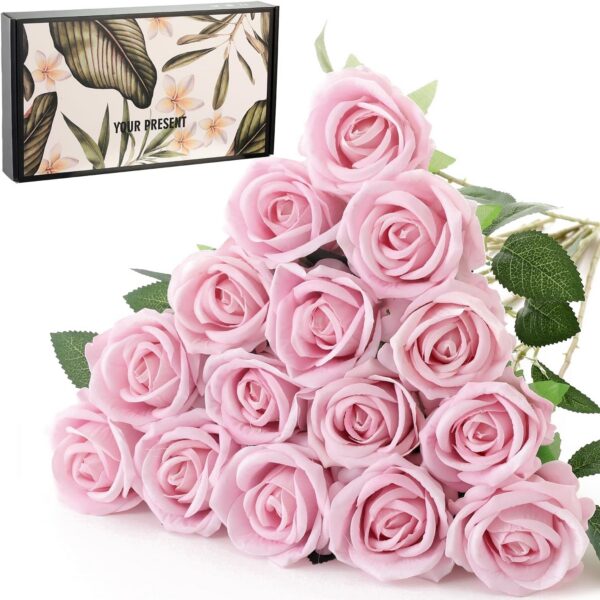 15Pcs Artificial Roses Velet Real Touch Single Stem Fake Roses Silk Realistic Bouquet Flowers Arrangements Home Office Garden Grave Party Wedding Decoration(Light Pink-15p, Blossom Roses)