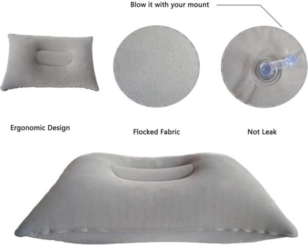 2 Pack Gray Ultralight Inflatable Pillow Small Squared Flocked Fabric Air Pillow for Hiking, Camping, Traveling, Napping, Desk Rest, Neck & Lumbar Support