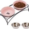 7683c7820ba69ce3 FOREYY Elevated Cat Bowls with 2 Ceramic Bowls and 2 Stainless Steel Bowls,Raised Cat Food Water Bowl with Iron Stand,Porcelain Pet Dishes for Cats and Small Dogs,16 Ounces,Dishwasher Safe(Gray)
