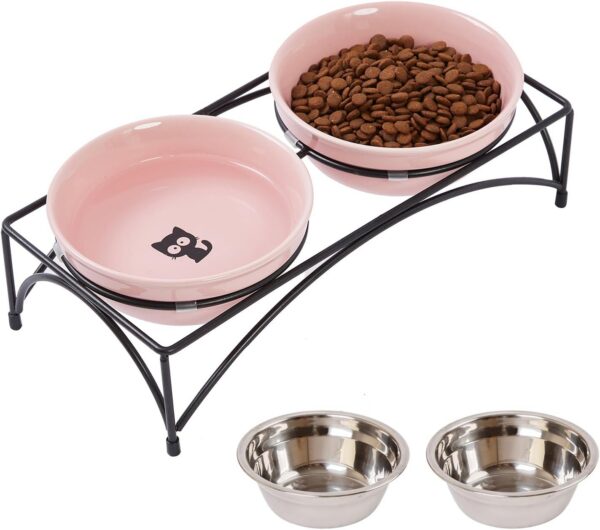 7683c7820ba69ce3 FOREYY Elevated Cat Bowls with 2 Ceramic Bowls and 2 Stainless Steel Bowls,Raised Cat Food Water Bowl with Iron Stand,Porcelain Pet Dishes for Cats and Small Dogs,16 Ounces,Dishwasher Safe(Gray)