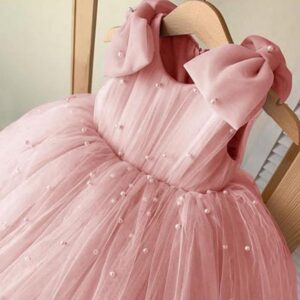2024 New Children‘s Princess Ball Gown Bow Pearls Mesh Design Kids Wedding Birthday Baptism Party Girls Sleeveless Dresses A3661