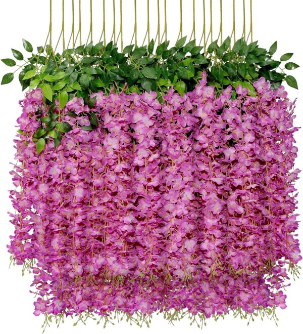 U'Artlines 12 Pack (Total 43.2 Feet) Artificial Fake Wisteria Vine Rattan Hanging Garland Silk Flowers String Home Party Wedding Decor (12, Pink)