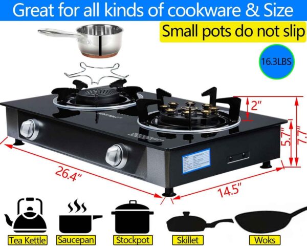 Propane Stove 2 Burner Gas Stove Novel 9 Copper Propane Burners Auto Ignition Tempered Glass with LPG CSA Hose for Outdoor Cooking,Emergency