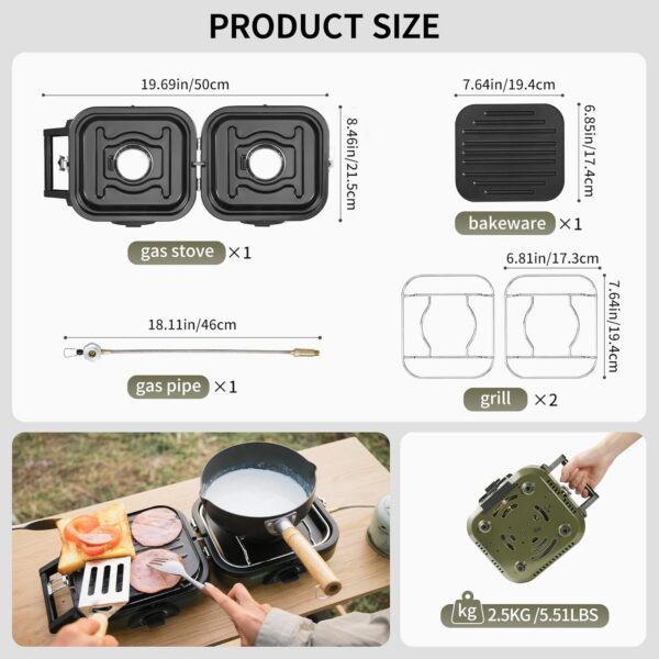 Naturehike Outdoor Camping Gas Stove Foldable 2 in 1 Burner with Grill Plate Portable Camping Gas Stove 2 Adjustable Burners Piezo Ignition Compatible with Isobutane Fuel Mix