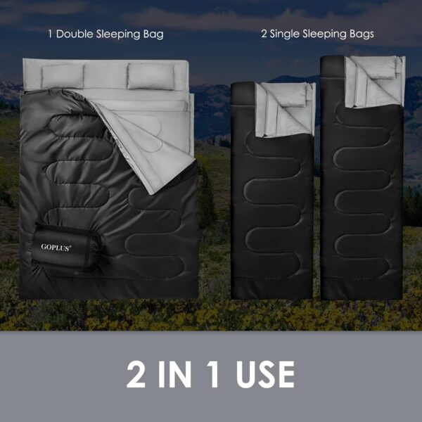 COSTWAY Double Sleeping Bag, Extra Large - 220 x 150 cm - Converts into 2 Singles, Waterproof Sleeping Bag with Free Pillows and Carrying Bag for Camping, Hiking