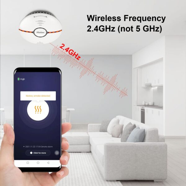 Wi-Fi Alarm, Fire Detector with Large Silence Button Replaceable Battery,Conforms to EN14604 Standard,Sound Flash Alarm 85dB/3m for Home Bedroom and Kitchen, Easy Install