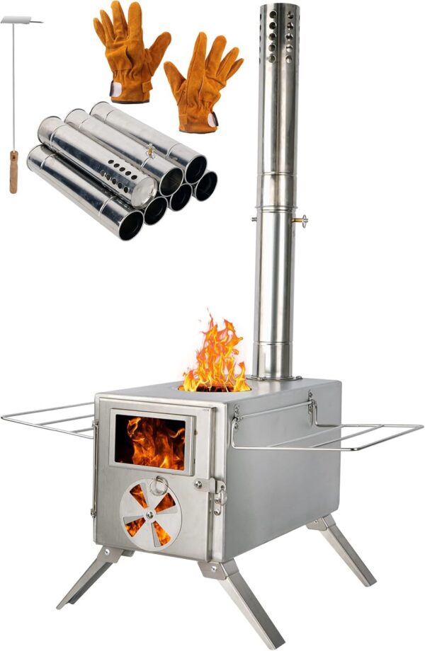 LAMA Tent Camping Stove, Portable Folding Stainless Steel Wood Stove with Chimneys and Gloves, Wood Burner for Tents, Hiking, Cooking, Heating, Camping, Silverwhite