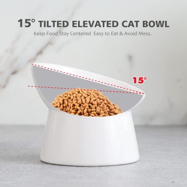 White Small Ceramic Raised Cat Bowls, Tilted Elevated Food or Water Bowls, Stress Free, Backflow Prevention, Dishwasher and Microwave Safe, Lead & Cadmium Free