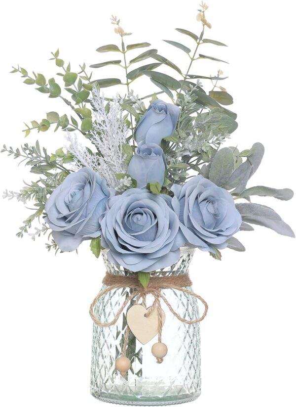 Faux Flowers with Vase,Artificial Silk Roses in Vase, Fake Plant Eucalyptus Flower Arrangement for Home Office Farmhouse Bathroom Dining Table Centerpiece Decorations Coffee Table Decor (Burgundy)
