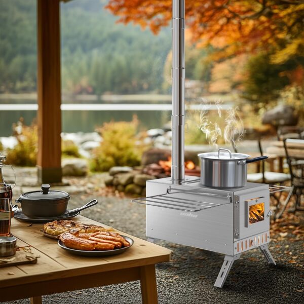 78ec2e2a50a4fe6f UNHO Camping Tent Stove: Portable Wood Burning Stove Stainless Steel Outdoor Cooking Heater Log Burner with 7 Chimney Pipes for Tent Shelter Garden Silver