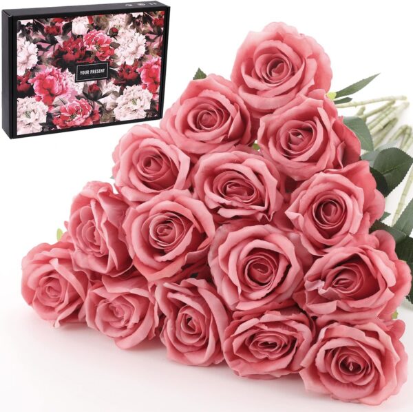 15Pcs Artificial Roses Velet Real Touch Single Stem Fake Roses Silk Realistic Bouquet Flowers Arrangements Home Office Garden Grave Party Wedding Decoration(Light Pink-15p, Blossom Roses)