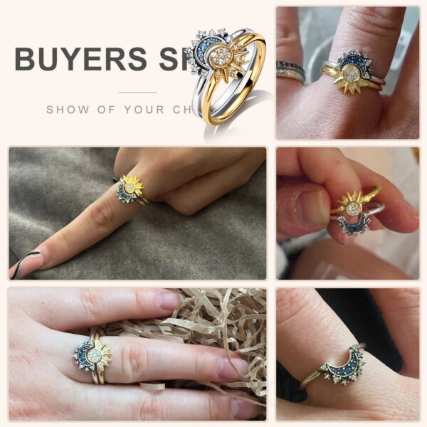 Hot Sale Sterling Sier Gold Moon and Sun Ring Set Diamond Heart Sparkling Rings for Women Fine Jewelry Party Gift Charming