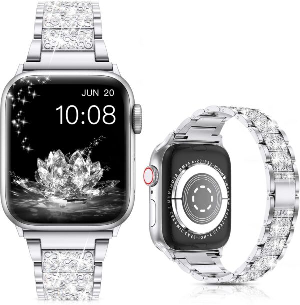 LELONG Compatible with Apple Watch Band 38mm 40mm 41mm Series 9 Series 8 7 6 5 4 3 2 1 SE Ultra, Bling Replacement Bracelet iWatch Band, Diamond Rhinestone Stainless Steel Metal Wristband Strap