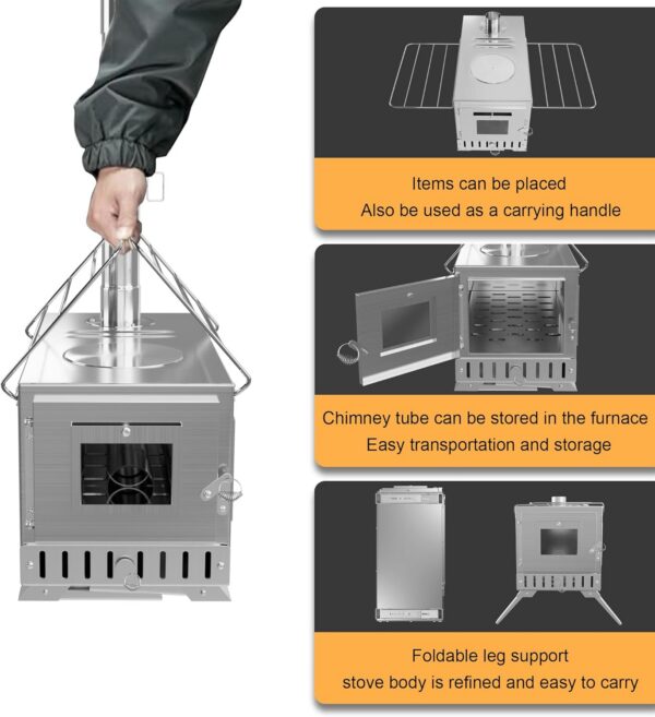 7b32a8f138d96401 UNHO Camping Tent Stove: Portable Wood Burning Stove Stainless Steel Outdoor Cooking Heater Log Burner with 7 Chimney Pipes for Tent Shelter Garden Silver