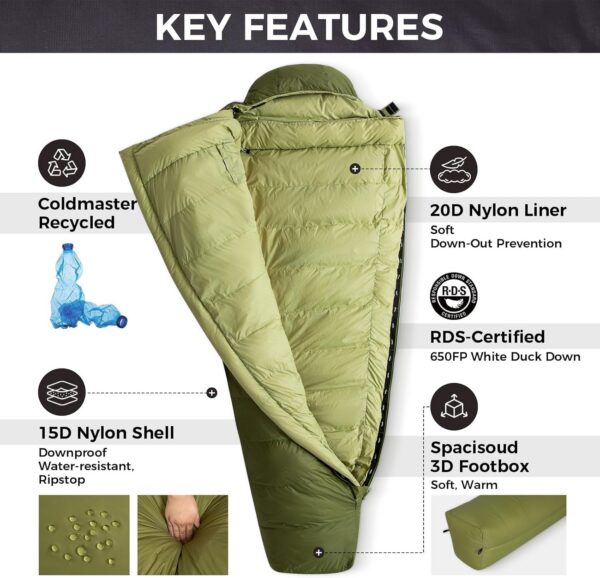 ATEPA Daunenschlafsack Camping, 650FP Mumienschlafsack leicht, 3-in-1 Schlafsack Outdoor Erwachsene, 3 Jahreszeiten warm, wasserabweisend, ideal für Erwachsene bei Reisen, Abenteuern und Camping