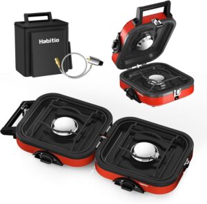 7ba764868c08a4d0 2-Burner Camping Stove Foldable, Portable Propane Camp Stove with 16000 BTU Adjustable Burners and Piezo Ignition, Folding Stove with Carry Bag & Handle for Camping, Tailgating, Backyard BBQ - Red