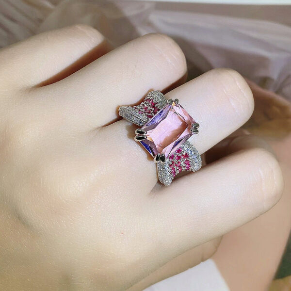 7c388e1a1c4dedda sier high-definition diamond personality opening pink four-claw gemstone ring female party birthday gift