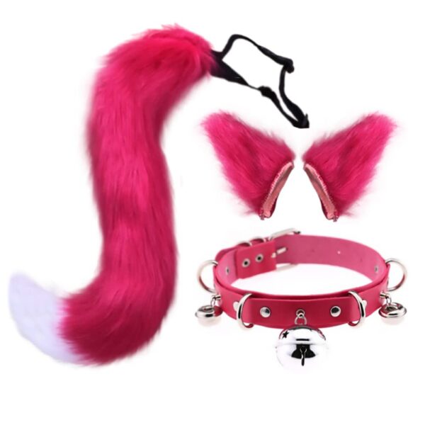 QinRuan Cat Ears and Wolf Fox Animal Tail Cosplay Costume Faux Fur Hair Clip Headdress Halloween Leather Neck Chocker Set (3-Blackwhite)