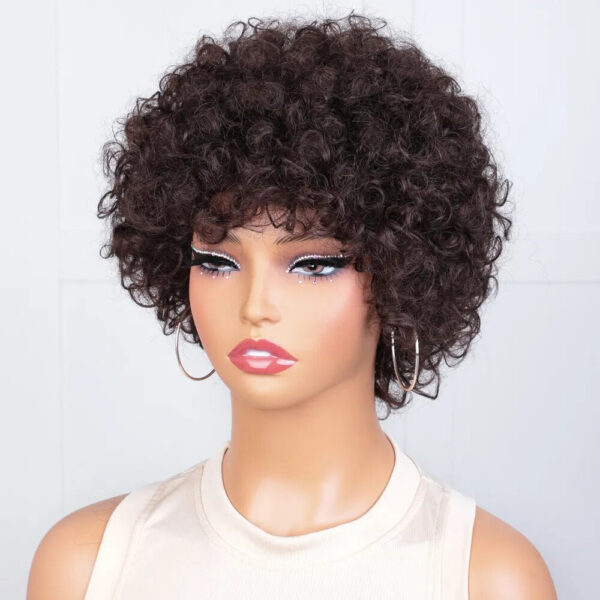 7c4ab0c8f075bd6b Pixie Short Afro Bob Human With Bangs For Women Brazilian Remy Hair Wear and Go Natural Brown Kinky Curly Wigs